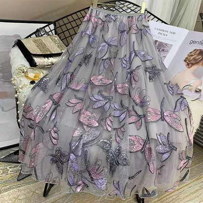 Heavywork Sequin Embroidery Midi Skirt for Women - Drape Mesh Long Half Skirt with Elegant Style