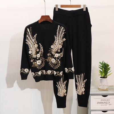 European and American Fashion Beaded Sequined Long-sleeved Sweater Harem Pants Two-piece Female Suit