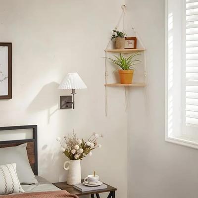 Corner Shelf Macrame Wall Hanging Wood Floating Shelves Rustic Boho Wall Shelf Decor Storage Rack for Plants Pots Photo Frames