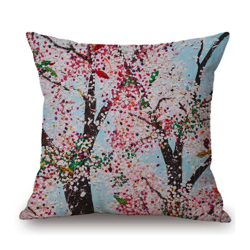 Oil Painting Flower Tree Blossom Pink Floral Cottton Linen Sofa Throw Pillow Case Home Decorative Cushion Cover