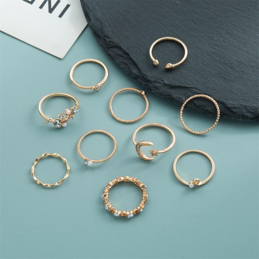 Sada prstenů s českým zlatým řetízkem pro ženy Fashion Boho Coin Snake Moon Rings Dárkové šperky Party Trend