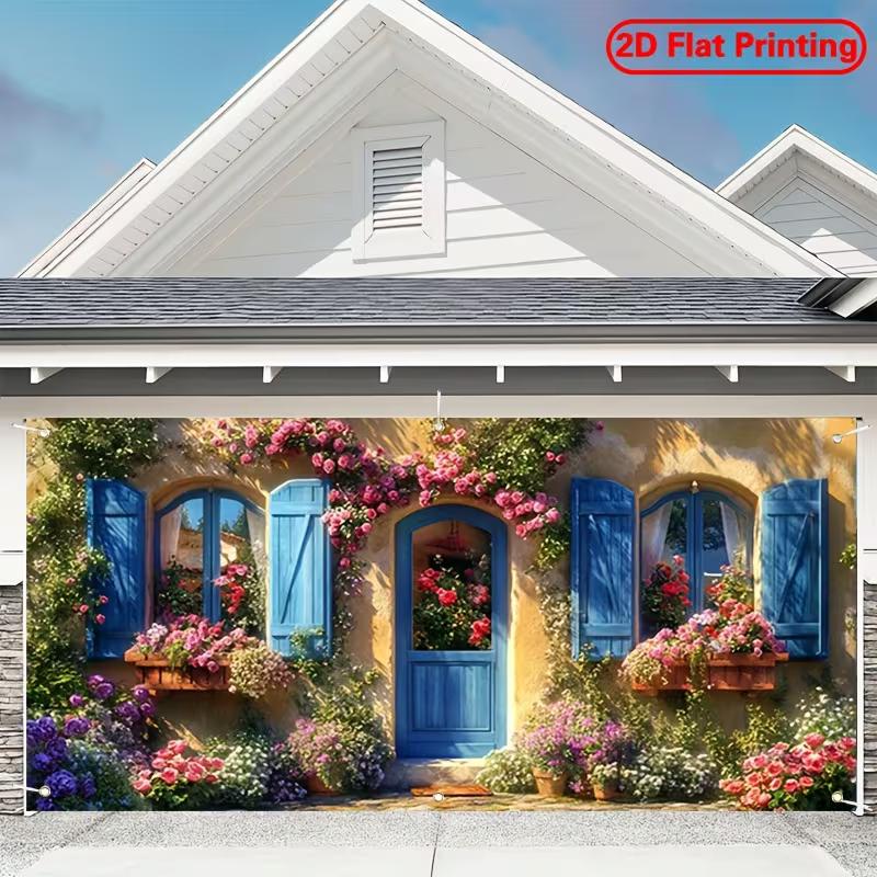 

2D Rustic Mediterranean Tapestry, Blue Doors & Shutters Covered in Roses and Greenery Backdrop 47.2x31.5inch/120*80cm