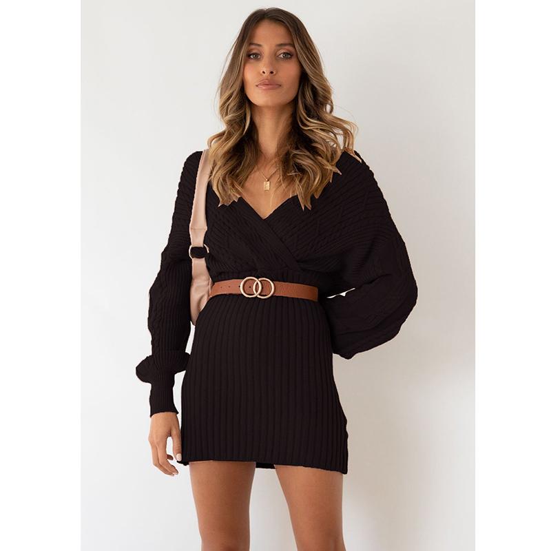 

New Women s Dresses Solid Knitted V-Neck Fried Dough Twists Long Sleeve Slim Fit Mid Length Dress for Women S чёрный