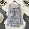 Spring and Autumn Women's Dress Pure Desire Spice Girl Sexy Long Sleeve Square Neck Waist Slimming Mesh See Through Stereoscopic Flower Hip Dress