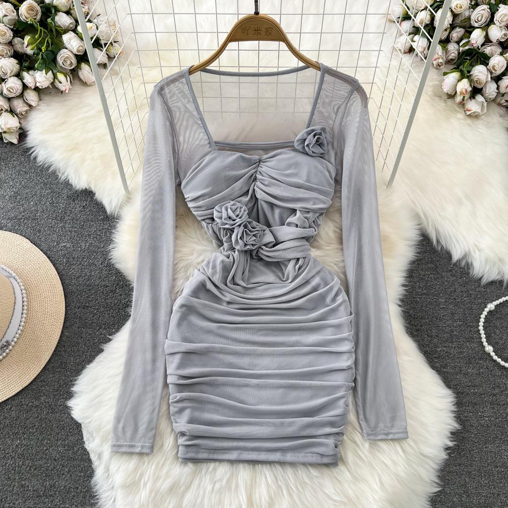 Spring and Autumn Women's Dress Pure Desire Spice Girl Sexy Long Sleeve Square Neck Waist Slimming Mesh See Through Stereoscopic Flower Hip Dress
