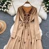 Vintage Western Style Embroidered V-neck Strap Up Waist Long Sleeve Dress for Women French Elegant Grand Swing Long Dress