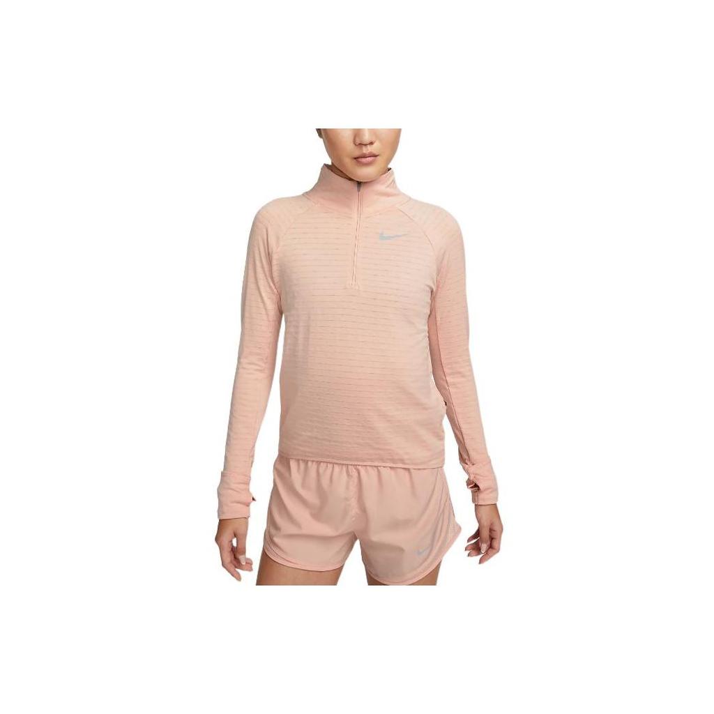 Nike Logo Print Stand Collar Half-Zip Long Sleeve T-Shirt Women Tops Pink DD6800-800