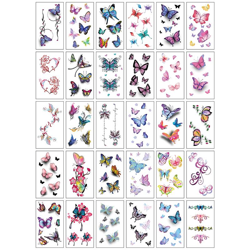 30 Sheets 3D Butterfly Flower English Pattern Temporary Tattoo Sticker,Small Size Body Arm Shoulder Wrist Fake Tattoo Sticker