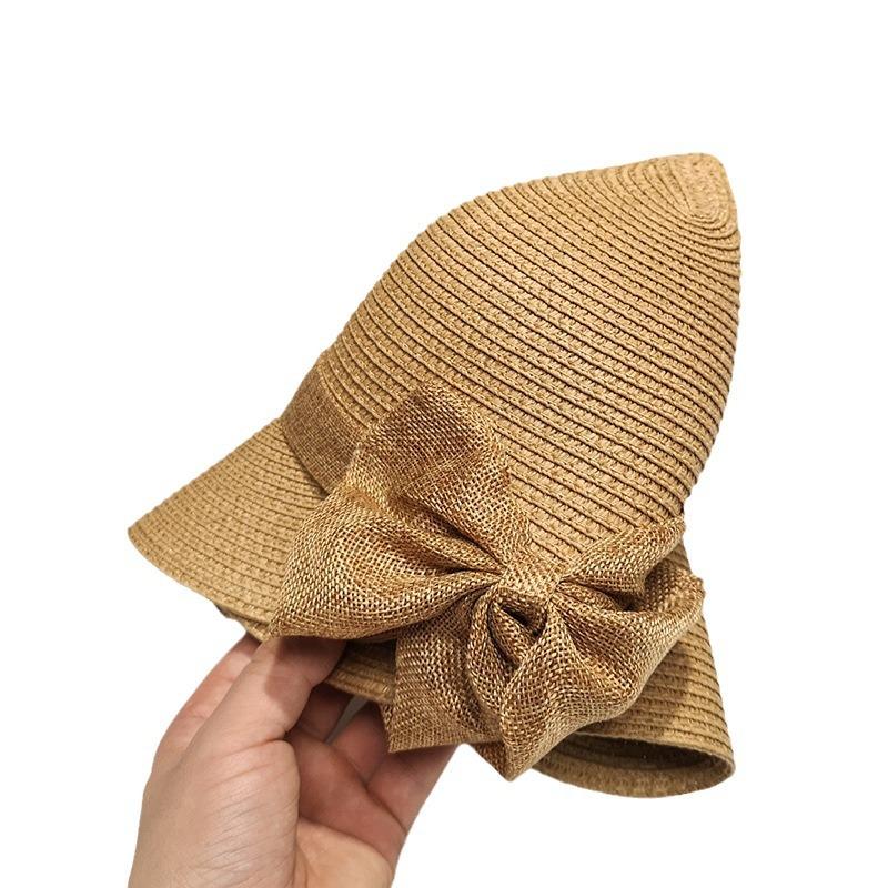 Simple Bowknot Straw Bucket Hat Elegant Solid Color Sun Hat Trendy Foldable Travel Beach Hats for Women Daily Uses Summer Outdoor