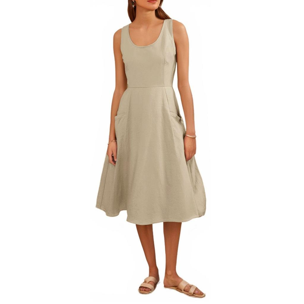 Women's Casual Colour Round Neck Sleeveless Cotton Pocket Dresses