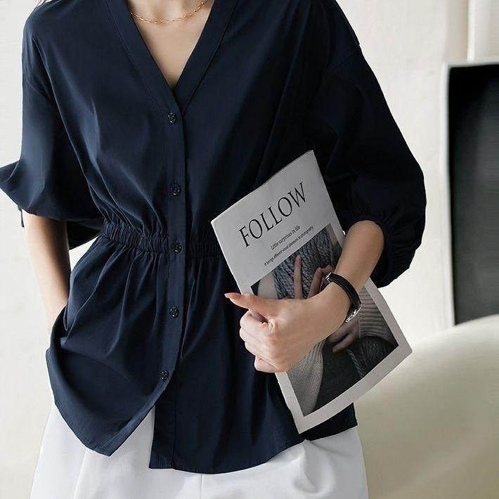 

Весна/лето белая шифоновая рубашка с v-образным вырезом, женская рубашка с рукавами-фонариками, дизайнерская рубашка для похудения талии, топ-кукла 3XL тёмно-синий