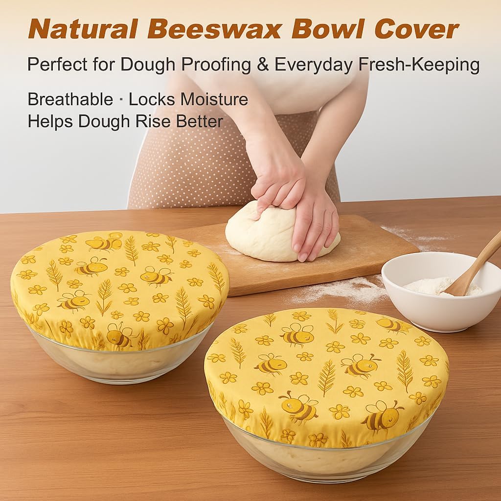 Beeswax Bowl Covers for Food Proofing, Reusable Cotton Food Covers for Mixing Bowls, Stretch Fit Covers, Kitchen Storage
