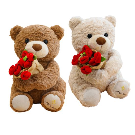 Rose Bear Plush Toy Cute Teddy Bear Holding Flower Bouquet Soft Stuffed Animal Gift for Valentine's Day