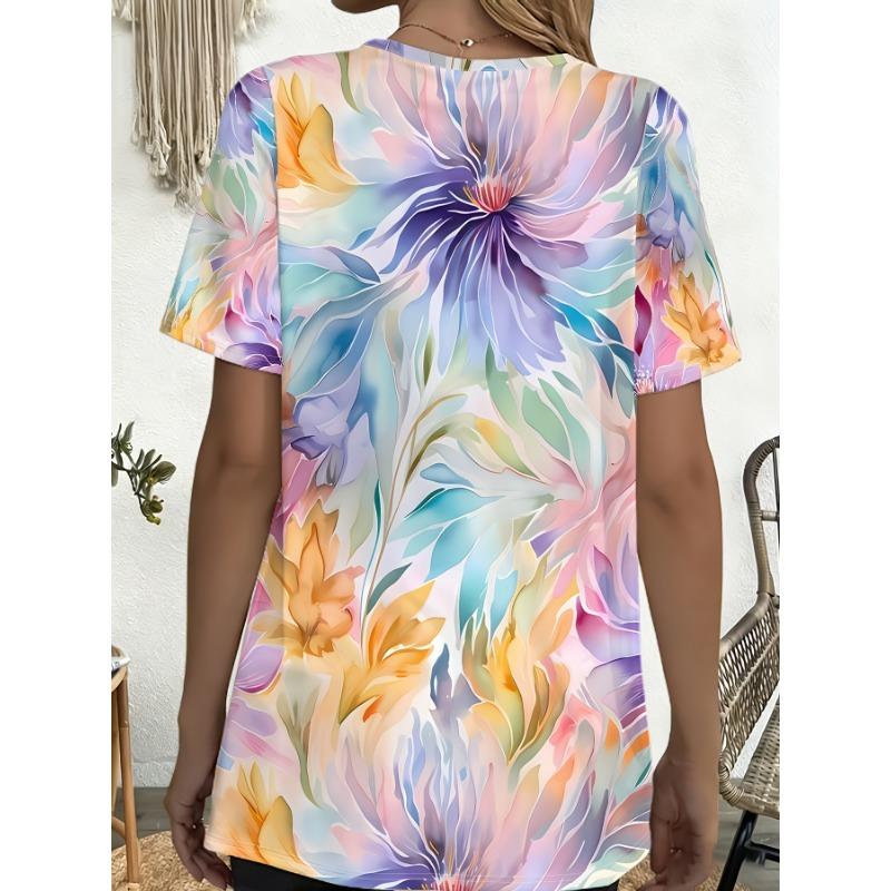 Women'S Summer Watercolor Hundred Flowers Pocket Round Neck Short Sleeve T-Shirt Sports Casual Top