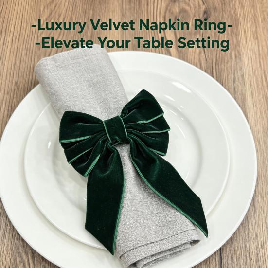 Festive Dining Table Accessories 6Pcs Velvet Bow Napkin Rings, Christmas Fabric Holders, Red Holiday Home Accents Green Rings for Dinner