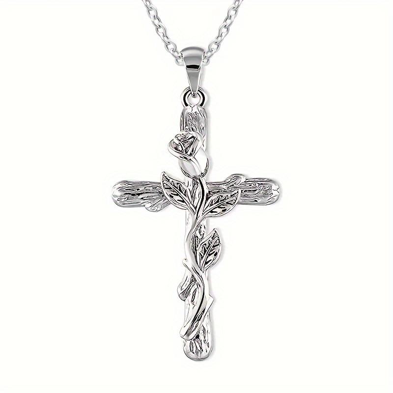 1pc Retro Pendant Necklace with Cross and Rose Flower, Three Colors Options