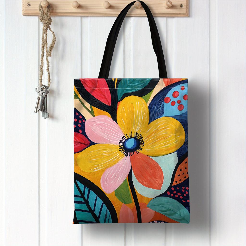 1pc Floral Tote Bag Vibrant Flower Illustrations Reusable Shopping Bag Rainbow Hearts Tote Handbag Large Shopper Storage Bags