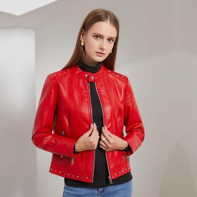 Giacca da donna primavera autunno colletto alla coreana manica lunga rivetto tinta unita giacca in pelle casual S-5XL