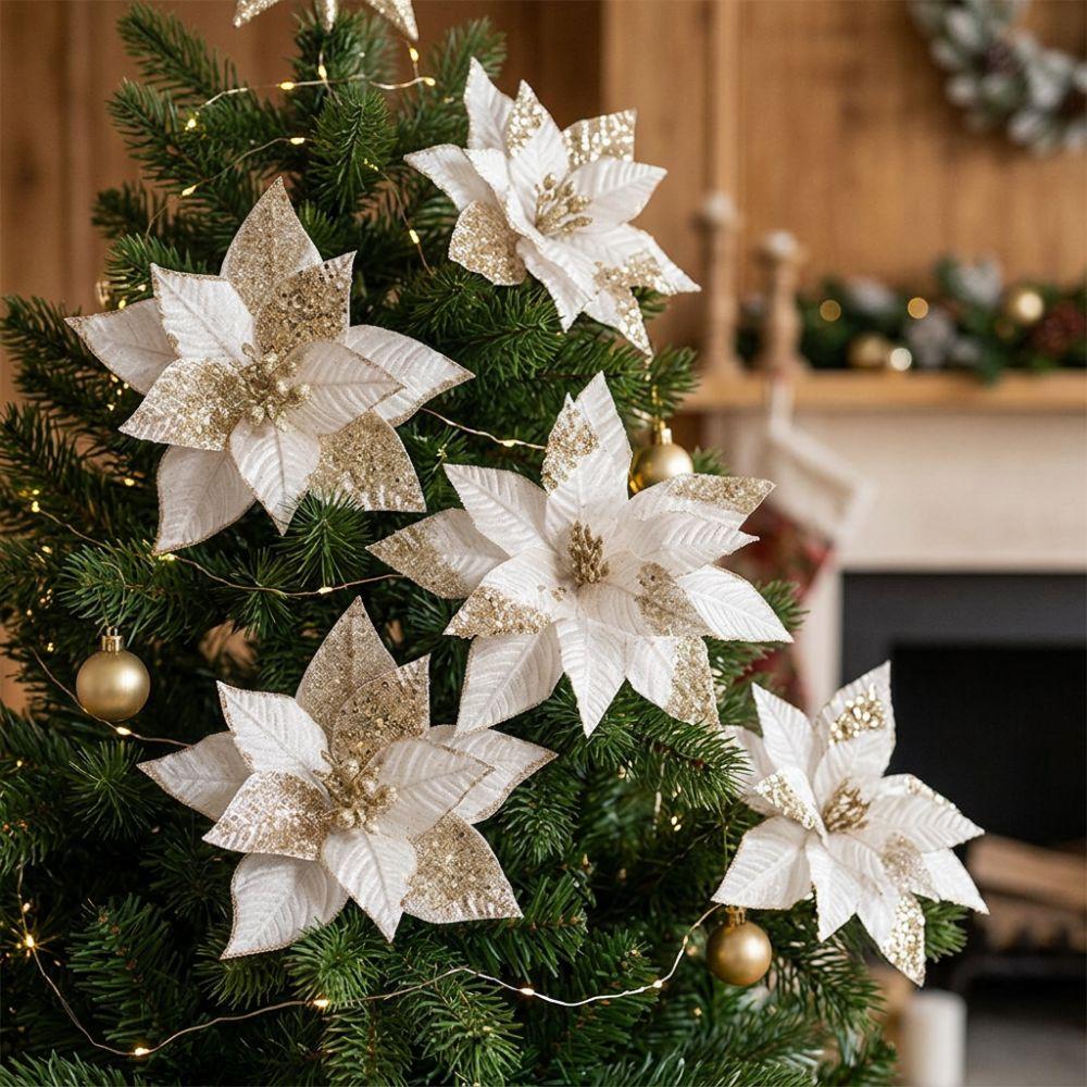 Velvet Fabric Artificial Poinsettia Flower Sequins Christmas Tree Magnolia New Year Gift