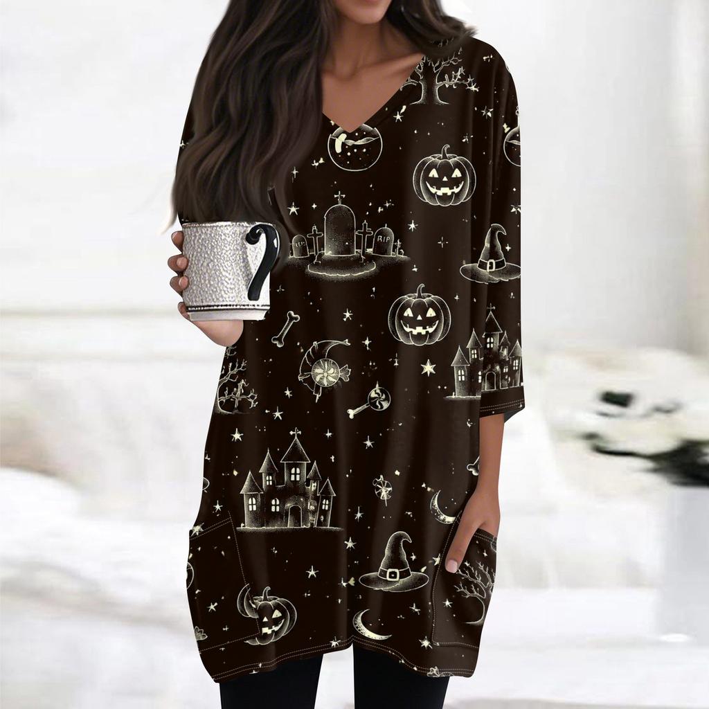 Women's Halloween Print V-Neck Tunic Top, 3/4 Sleeve, Pocket