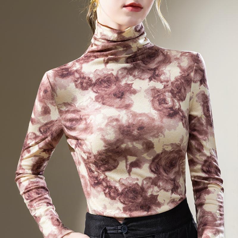 

Turtleneck bottoming shirt women s new women s clothing retro printing long-sleeved t-shirt temperament with waist top 3XL абрикосовый