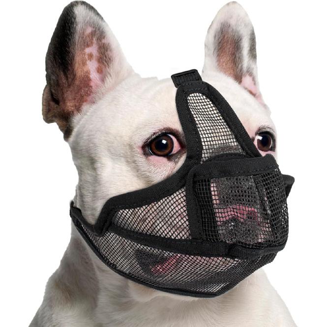 Coppthinktu Short Snout Dog Muzzle, Breathable Mesh French Bulldog Muzzle Full Pant Muzzles for Pitbull, Soft Flat Face Dog Muzzles for Pug Prevent XXSmall (Neck Cir: 9 -16