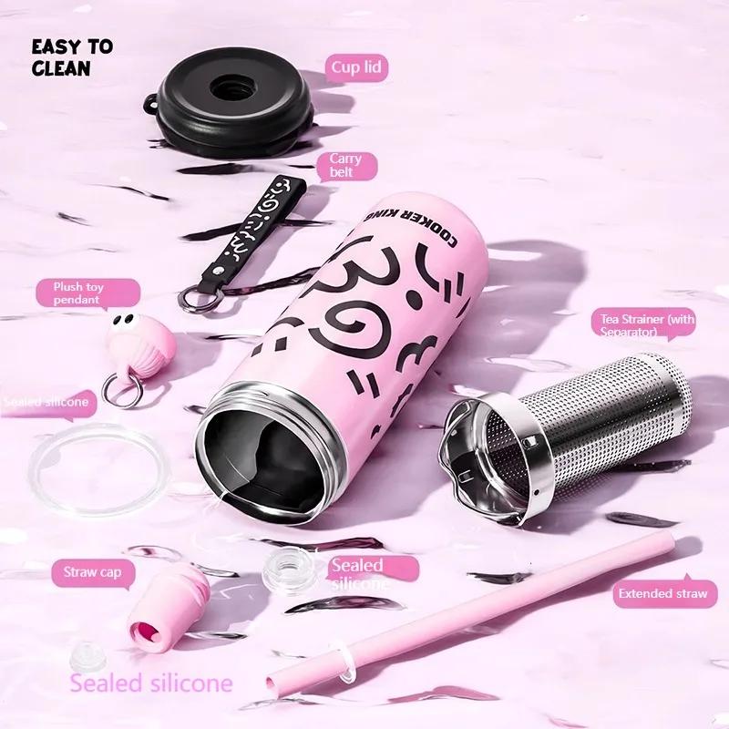 COOKER KING 600ml Insulated Cup with Tea Strainer Straw Thermos Cup Stainless Steel Vacuum Flask Girls Students Hot & Cold Flask