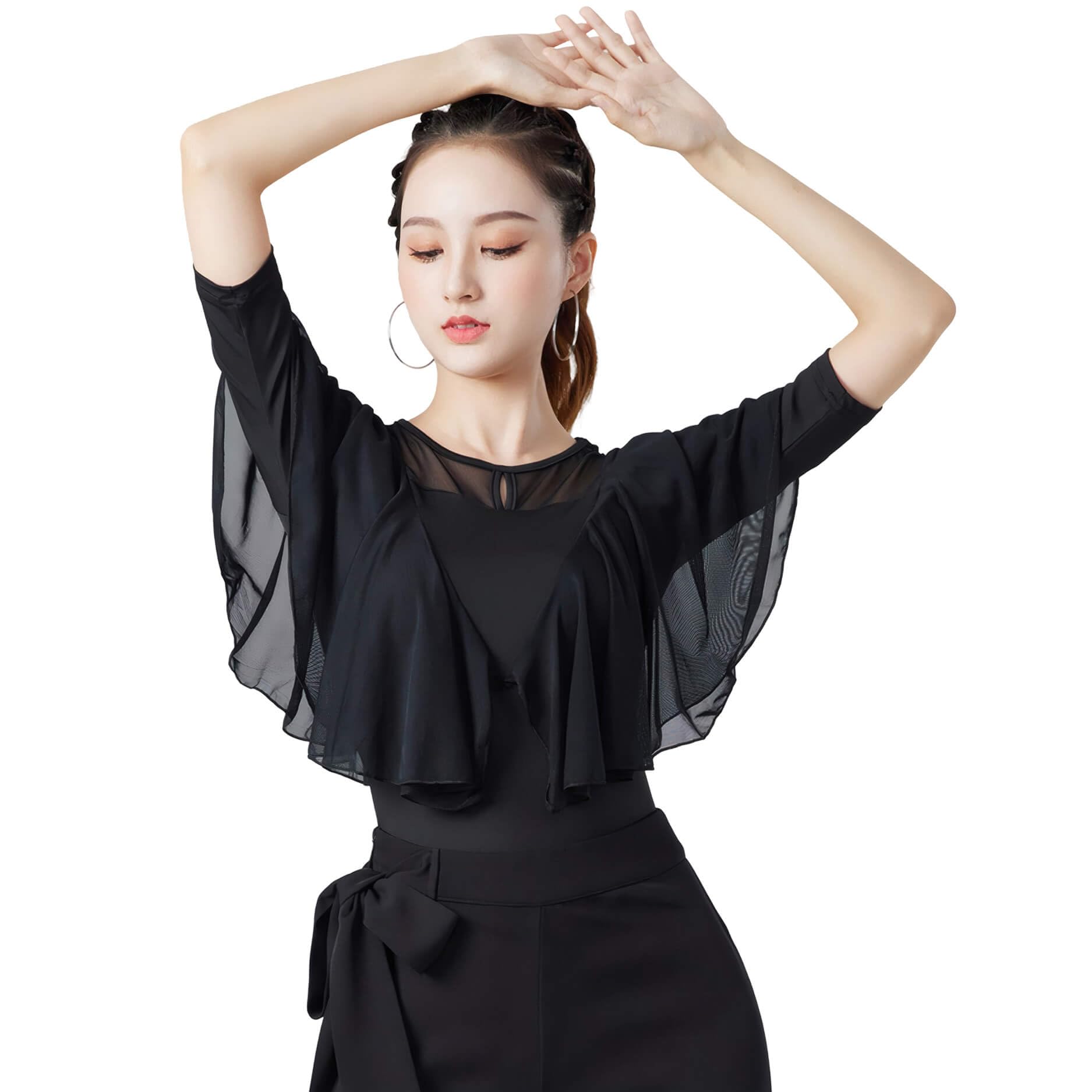 

Yuoku Ballroom Modern Dancewear Прозрачный рукав-рюш с коротким рукавом Латинская одежда для тренировок Женский топ, Блузка, Футболка 5/8, Утягивающая, Прозрачная одежда, чёрный