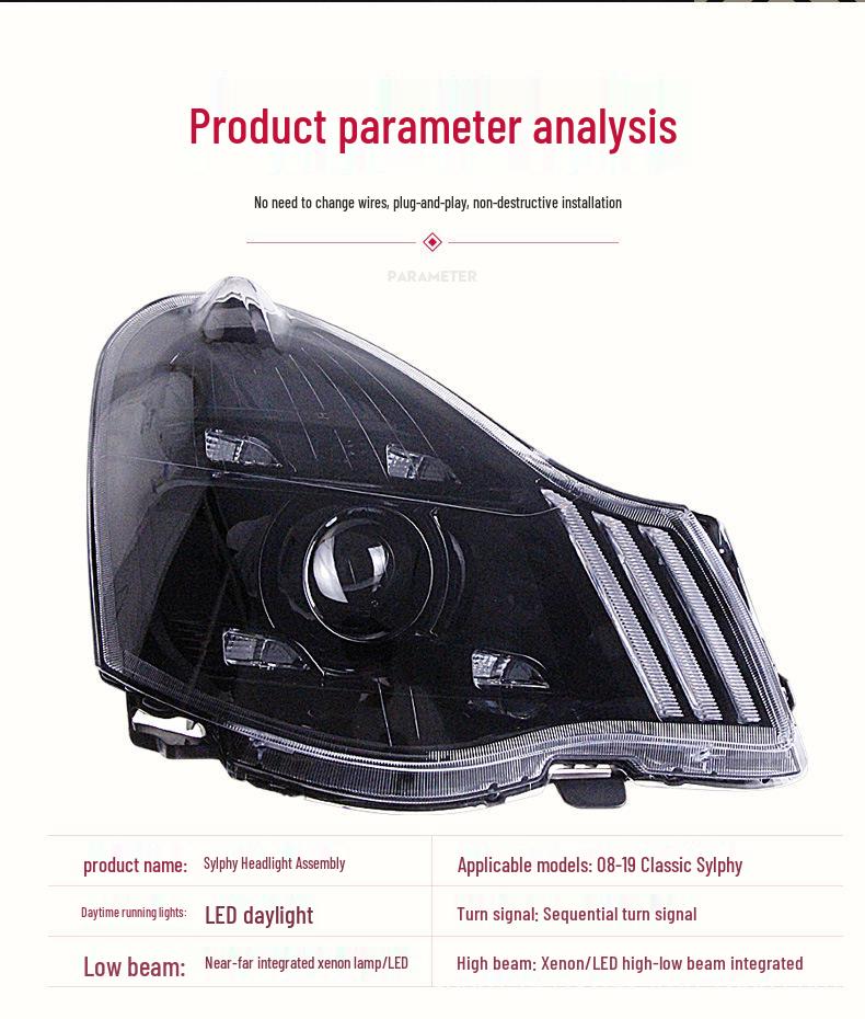 Compatible Headlight Assembly for 06-19 Classic Sylphy with LED Daytime Running Lights and Sequential Turn Signal.