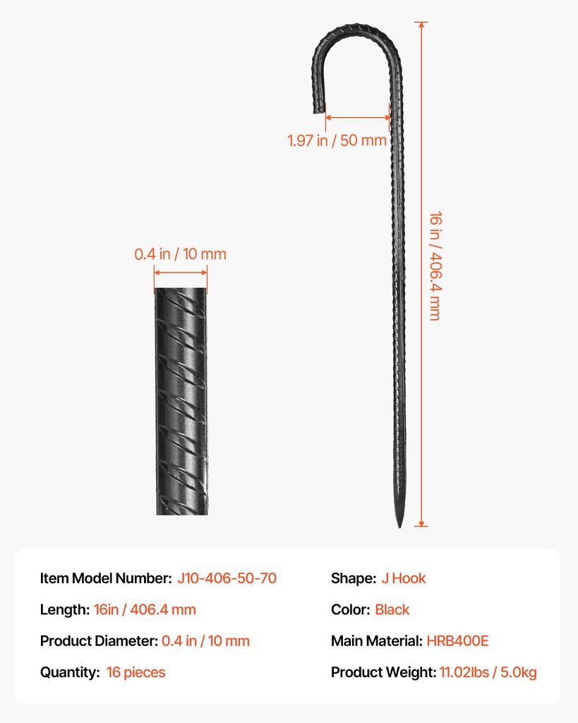 VEVOR Rebar Stakes, 406,4 mm / 16-Inch, Heavy-Duty 0.4 in Diameter J Hook