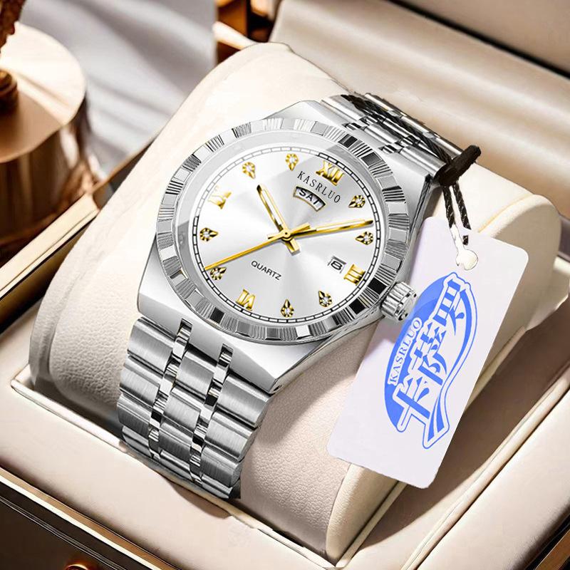 Men'S Watch Stainless Steel Waterproof Non-Mechanical Luminous Calendar Fashion Steel Belt Watch