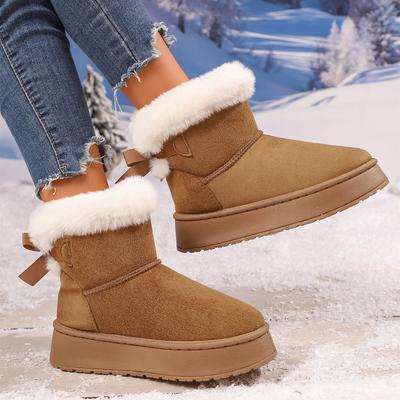 Fashionable Bow Round Toe Elegant Snow Boots Winter Flat Wear-resistant Comfortable Soft Students Plus Velvet Warm Women Shoes