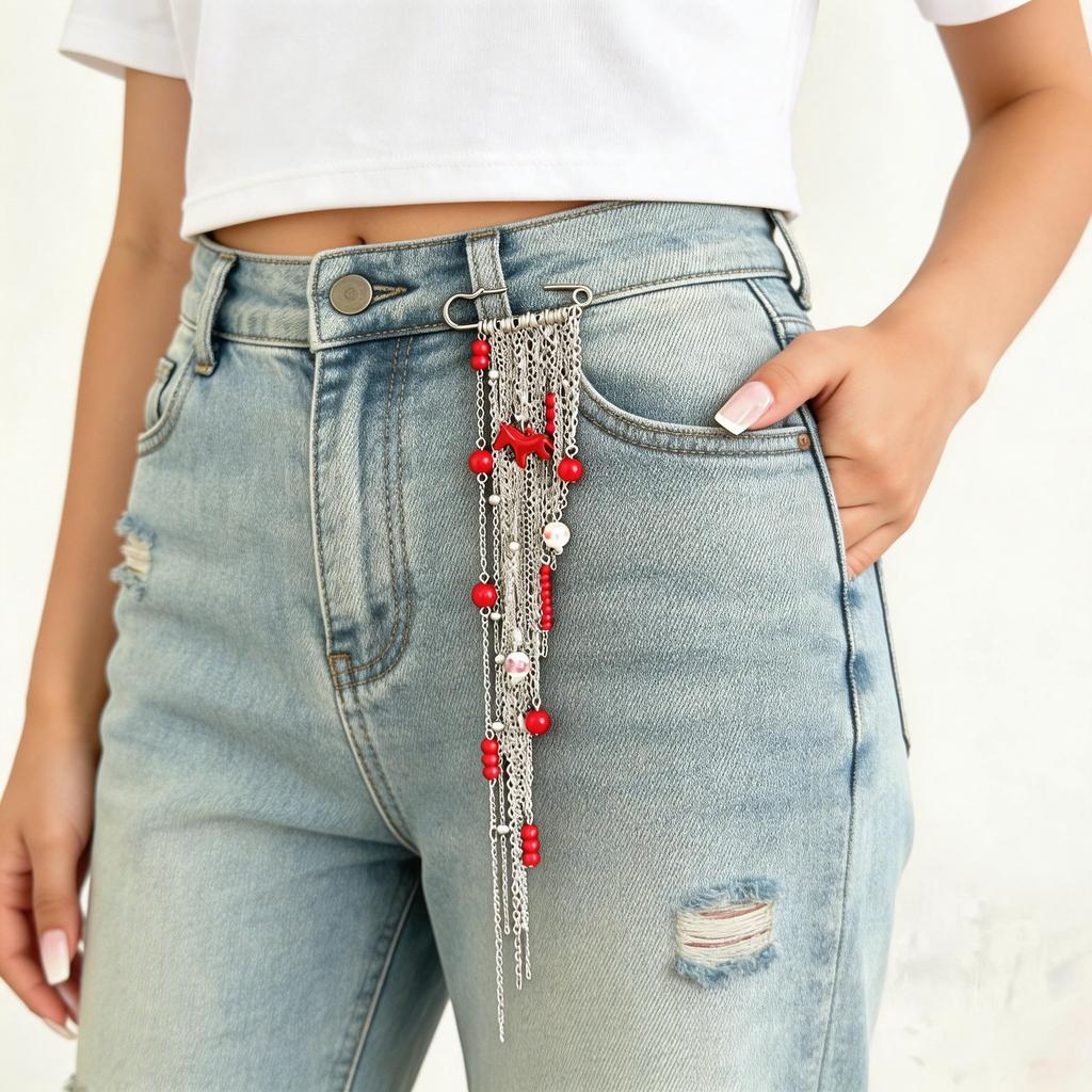 Hip Hop Ins Beaded Tassel Brooch, Pendant Chain Lapel Pin For Women