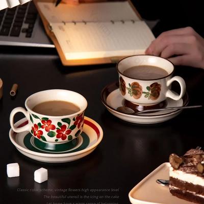 Retro handbemalte Kaffeetassen, kreative braune Blumen, Keramiktassen, für Zuhause, Nachmittagstee, exquisites Geschirr, Bürotasse, Geschenke