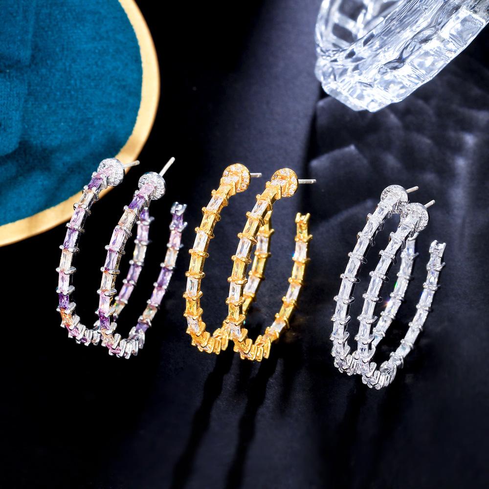 Chic Ear Jewelry Silver Plated Double Sided CZ Cubic Zirconia Bamboo Shape Hoop Earrings for Women Prom Wedding Dress Accessory