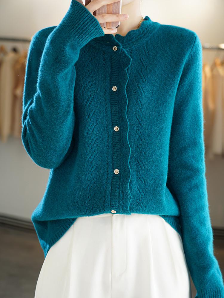 Women's Hollow Lace Wool Cardigan - Half-High Neck, Long Sleeve, Thick Autumn/Winter Style, Versatile, Fashionable Top