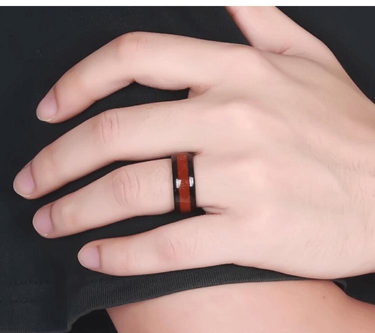 Elegant European & American 8MM Stainless Steel Pinky Ring with Black Wood Grain