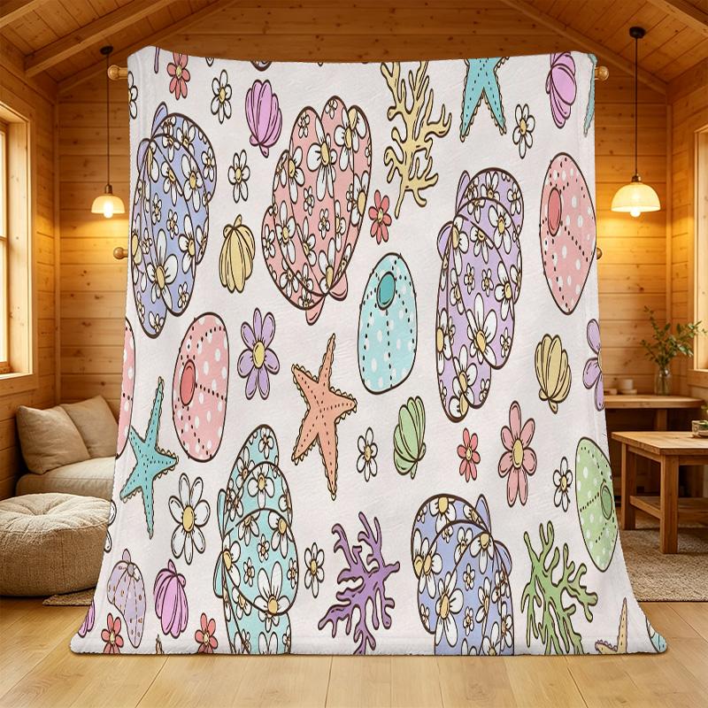 Lightweight Flannel Blanket - Marine Elements Shell Starfish Print, Soft Warm Cozy, Ideal Home Decor, Travel & Car Throw for Christmas Halloween