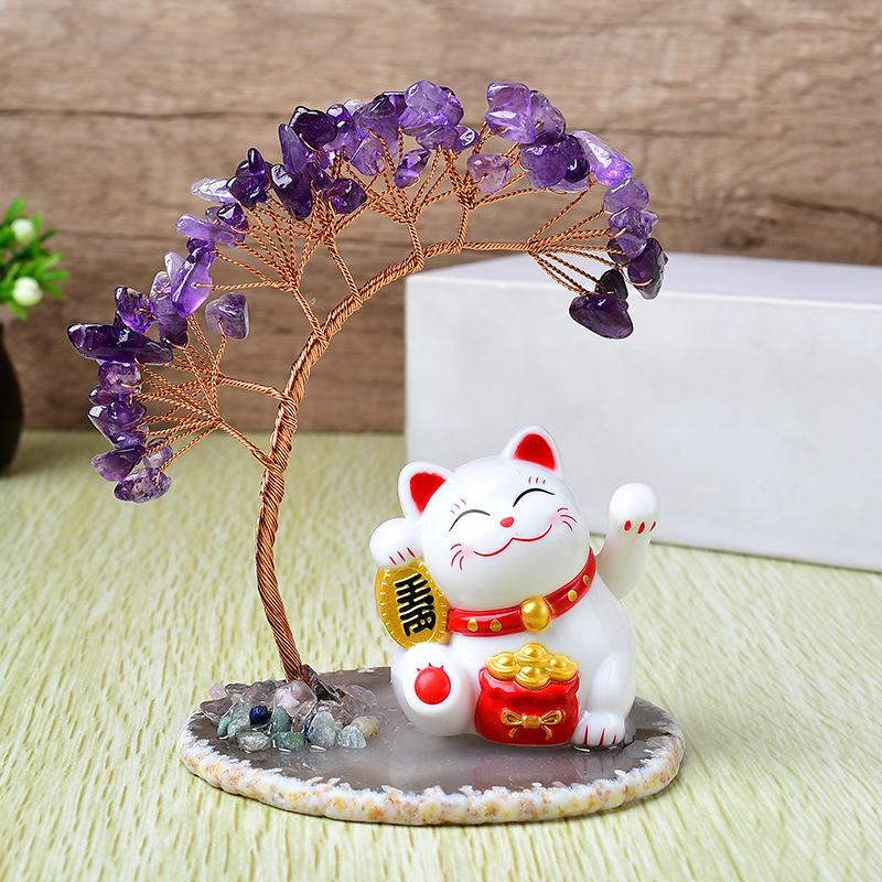 Solar Energy Shake Hands Lucky Cat Base Fate Tree Office Home Natural Crystal Crushed Stone Life Tree Handwoven Weaving Decor
