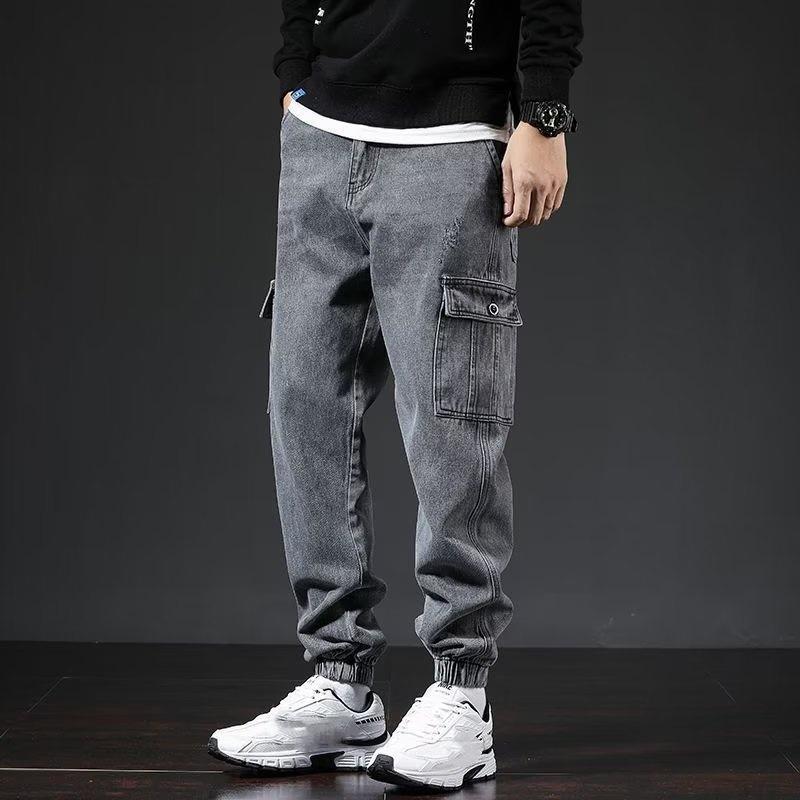 

Весна Осень Мужские джинсы Многокарманная рабочая одежда Брюки-карго Черные Синие Джинсы с Эластичным Поясом Джинсовые Джоггеры Большие Размеры Джинсовые Брюки 2XL серый