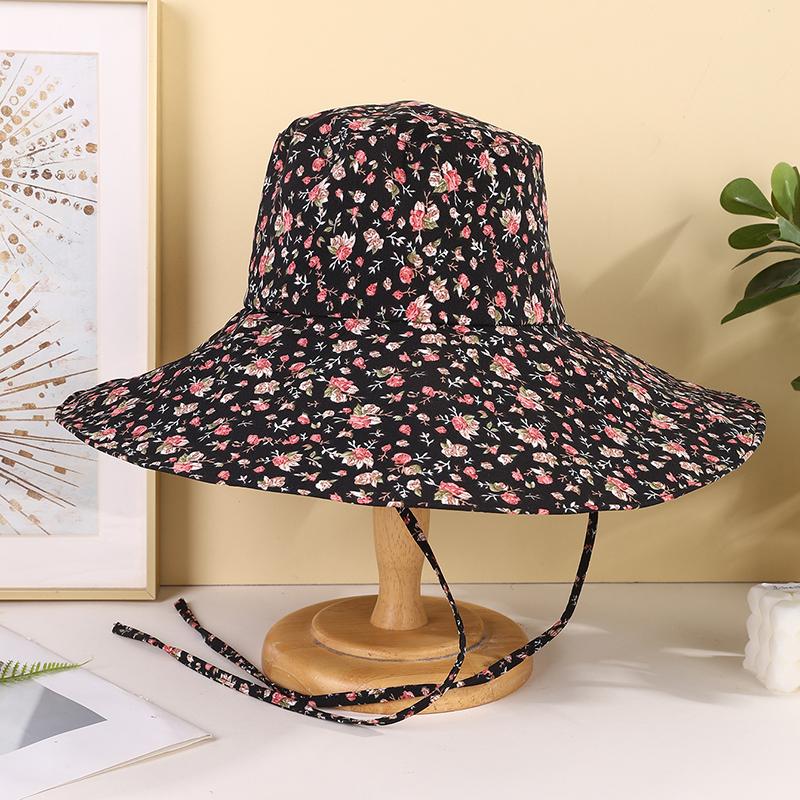 Artistic style full edition small floral large eaves windproof rope fisherman hat suitable for ladies outdoor photos