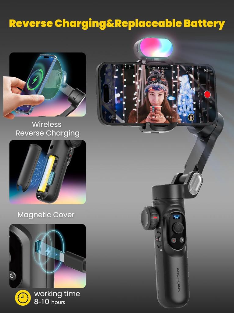 AOCHUAN Smartphone Gimbal Stabilizer Kit with OLED Focus and RGB Light for Video Professional Gimbal for iPhone 15 and Android X Pro Combo 3-Axis