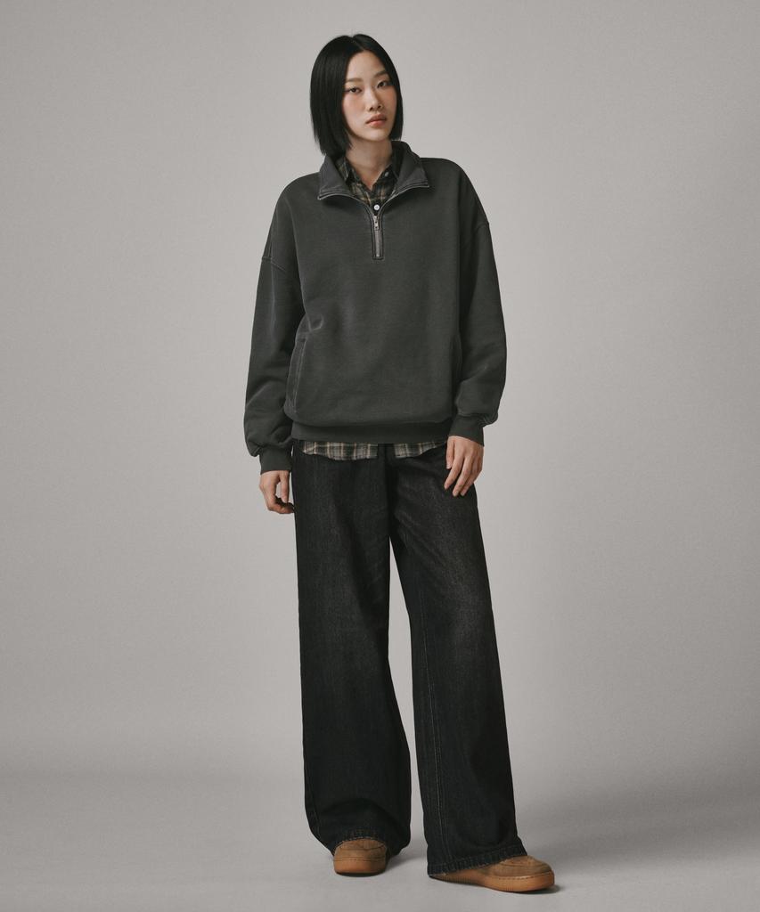 Beodeonteu Garment-Dyed Half Zip Fleece Sweatshirt [Charcoal]