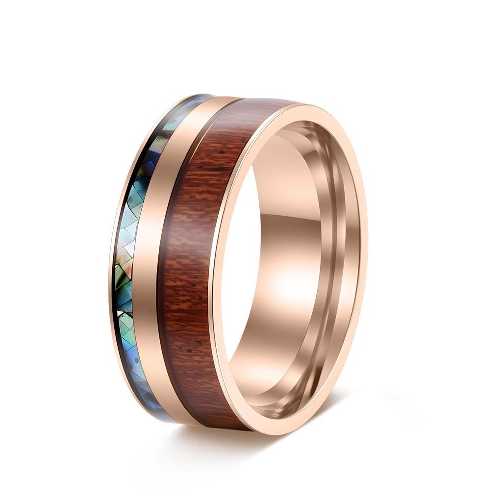 European-American Wood Grain Abalone Shell Titanium Steel Ring - Luxury Men's Tungsten Carbide Jewelry.