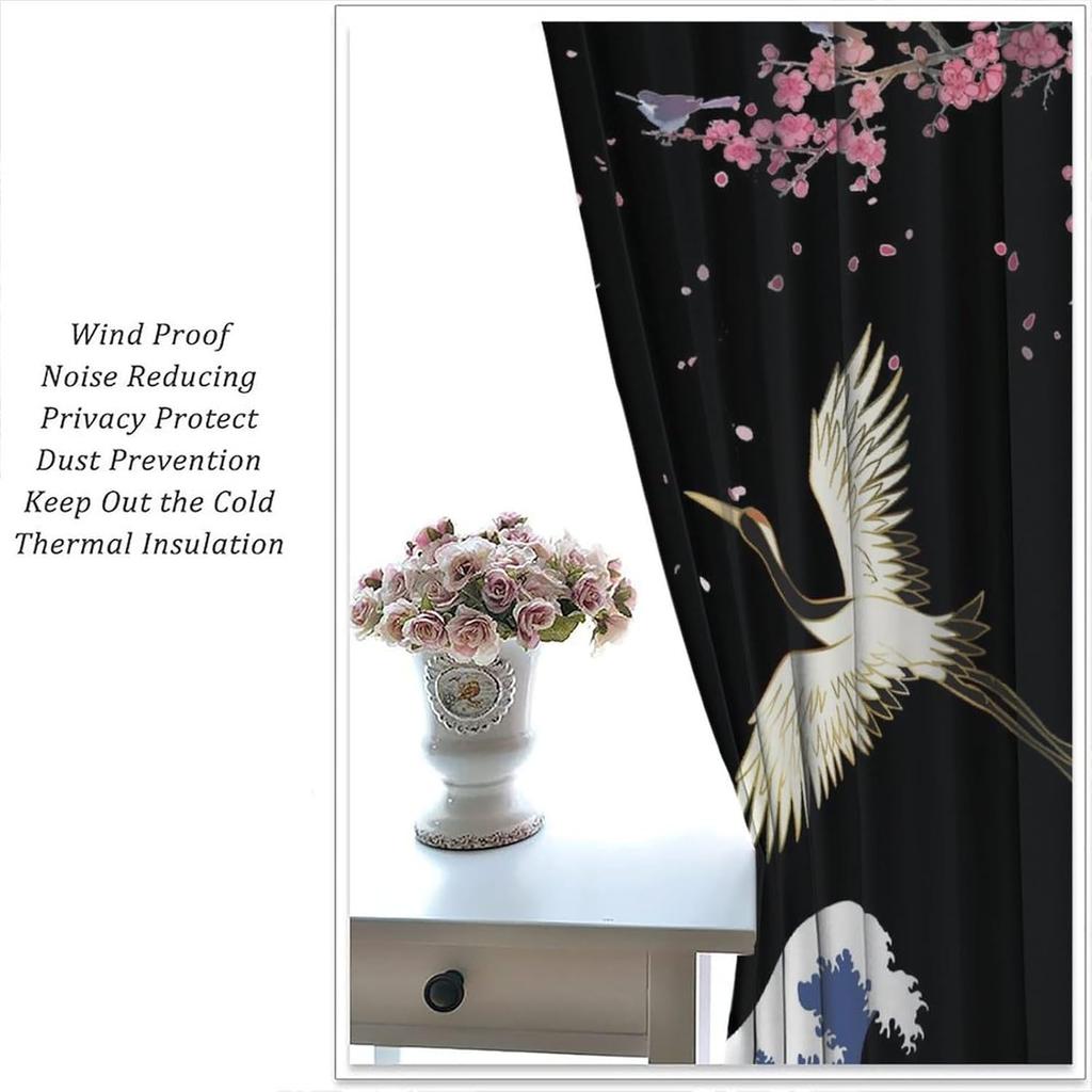 Japanese Style Cranes Curtain Asian Waves Traditional Chinese Cherry Blossom Printed Window Treatment Living Room Bedroom Ki For Area Polyester