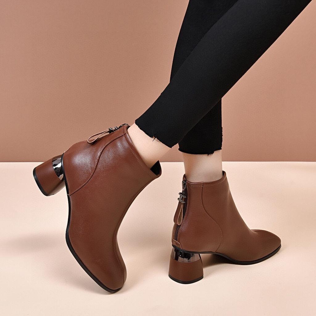 New Thick Heel Small Short Boots Versatile Spring and Autumn Single Boots Soft Sole Brown Square Head Autumn and Winter Velvet Women's Leather Shoes