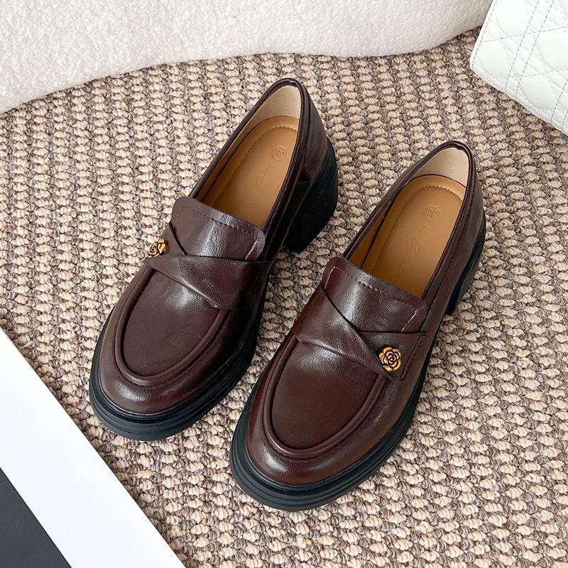 2025 British Style Camellia Loafers: Round Toe Chunky Heel Mary Jane Leather Shoes for Women
