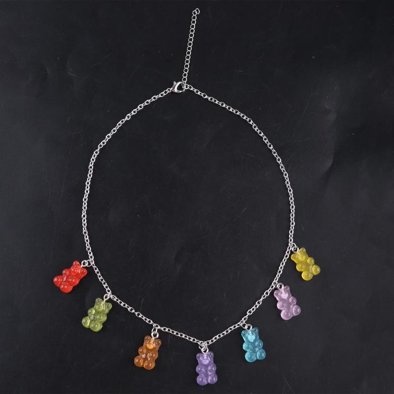 Regenbogen-Süßigkeitenfarbe Bär Halskette Bunter Harz Anhänger Halskette Niedliches Tier Punk Party Schmuck für Damen Mädchen Geschenke
