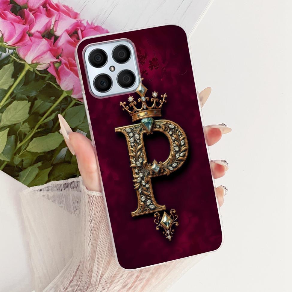 For Honor X8 4G Case Transparent Luxury Crown A-Z Letters 2D Flat Pattern Soft Phone Casing For Honor X8 TFY-LX1 TFY-LX2 TFY-LX3
