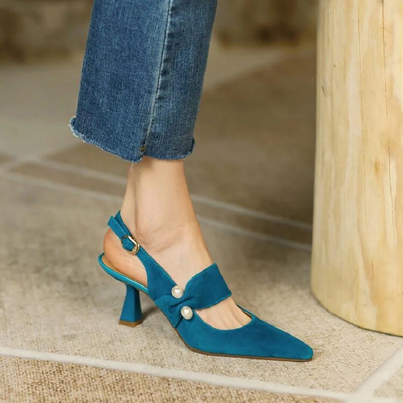 Fashion NEW Summer Women Sandals Sheep Suede Leather Shoes for Women Pointed Toe Thin Heel Shoes Cover Toe Slingback Shoe Pearl Sandals